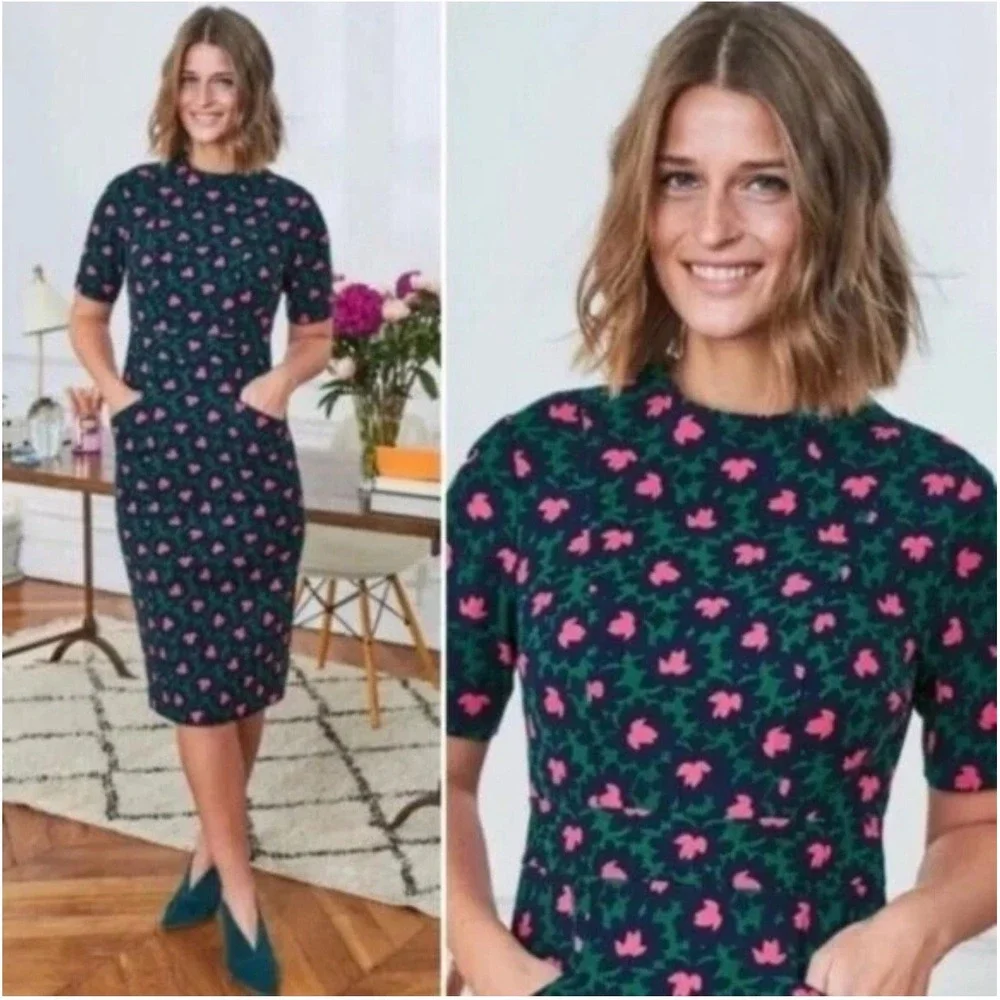 Boden Louise Textured Forest Bloom Midi‎ Sheath Dress Pockets Size 10 Green Pink - Picture 2 of 13
